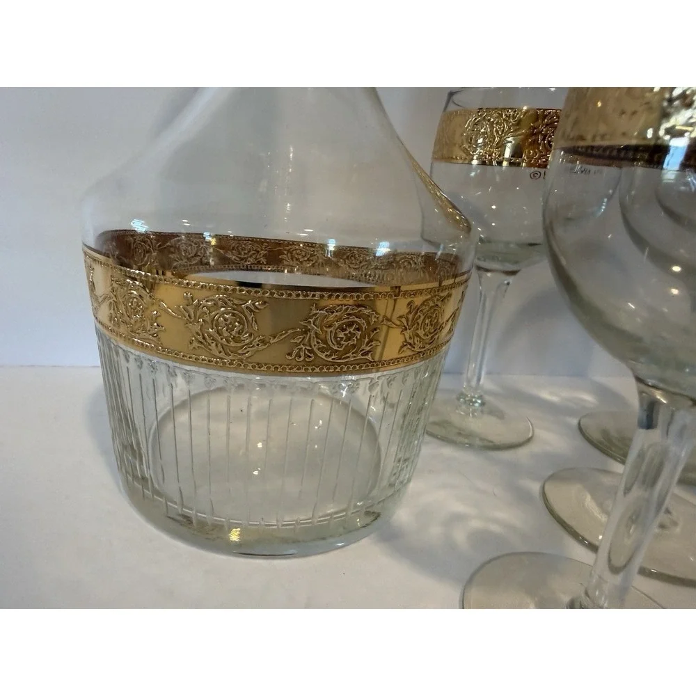 Vintage Culvers Ltd Tyrol 22K Gold Decanter & 5 Wine Glasses Made in USA 1960s